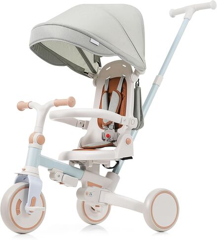 7-in-1 Foldable Kids Tricycle for 1-6 Years with Adjustable Push Handle, Removable Canopy & Pedals, Lightweight Aluminum Alloy, Safety Guard, Portable Toddler Bike (7-in-1, Blue) (7-in-1, Pink) in Saudi Arabia