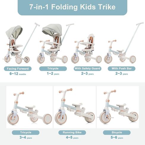 7-in-1 Foldable Kids Tricycle for 1-6 Years with Adjustable Push Handle, Removable Canopy & Pedals, Lightweight Aluminum Alloy, Safety Guard, Portable Toddler Bike (7-in-1, Blue) (7-in-1, Pink) in Saudi Arabia