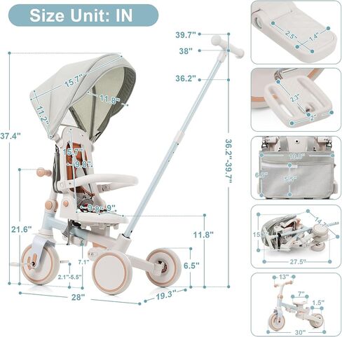 7-in-1 Foldable Kids Tricycle for 1-6 Years with Adjustable Push Handle, Removable Canopy & Pedals, Lightweight Aluminum Alloy, Safety Guard, Portable Toddler Bike (7-in-1, Blue) (7-in-1, Pink) in Saudi Arabia