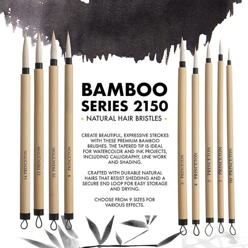 Princeton Artist Brush Co. Bamboo Series 2150 - Bamboo Painting Brush - Short Handle Round Brush Size 10 - Natural Hair Calligraphy Brush for Watercolor and Ink - Single Ink Brush for Sumi Painting in Saudi Arabia
