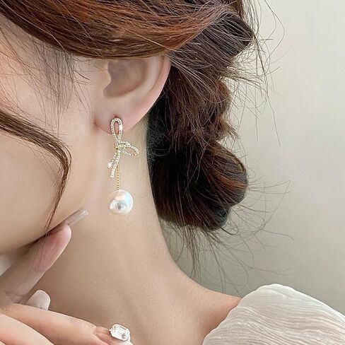 Silver Pearl Drop Earrings, Silver Dangle Earrings for Women 5mm Pearl Long Earrings Boho White Bridal Earrings Silver Statement Earrings for Prom Wedding Jewelry Birthday Gift in Kuwait