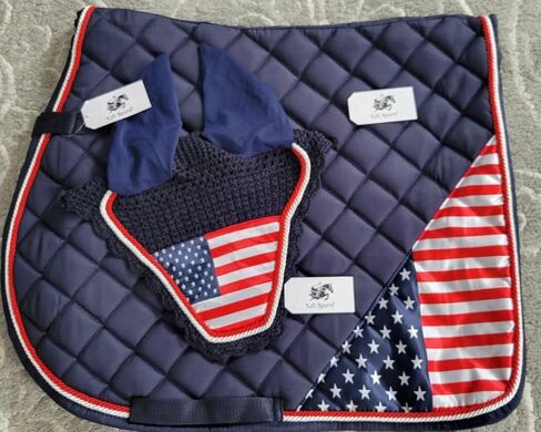 Navy Blue Horse/Full USA American Flag All Guphing English Saddle Pad with Fly Bonnet Bonnet Net Net Fly Veil ، Full/Horse in Kuwait