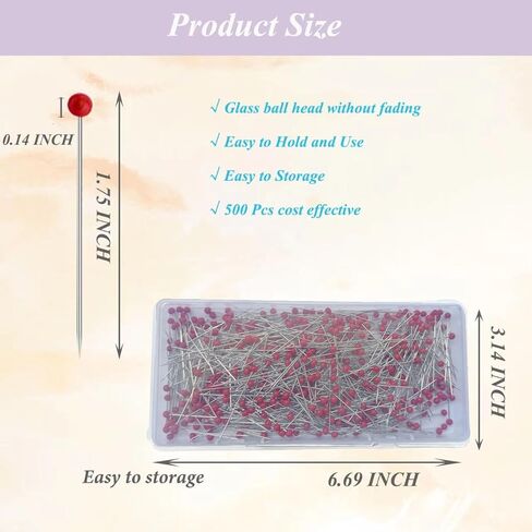 SUNENLYST 500 PCS دبابيس الخياطة ، 1.75 بوصة دبابيس زجاجية زجاجية طويلة طويلة رأس الدبابيس مستقيمة للنسيج ، خياطة الفولاذ المقاوم للصدأ للخياطة ، الحرف ، صنع المجوهرات ، DIY in Kuwait