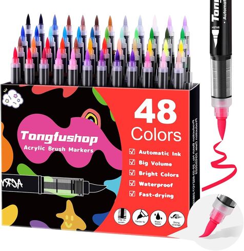 Tongfushop 48 Colors Acrylic Paint Markers, Water-Based Paint Pens with Auto Ink Control & Brush Tip - No Bleed on Rock Painting, Canvas, Wood, Ceramic, Glass - Kids, Adult & DIY Art Supplies in Saudi Arabia