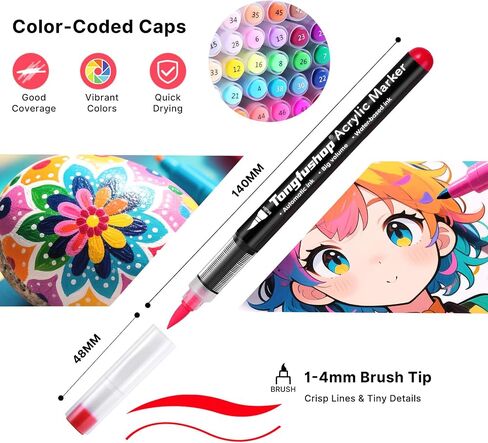 Tongfushop 48 Colors Acrylic Paint Markers, Water-Based Paint Pens with Auto Ink Control & Brush Tip - No Bleed on Rock Painting, Canvas, Wood, Ceramic, Glass - Kids, Adult & DIY Art Supplies in Saudi Arabia