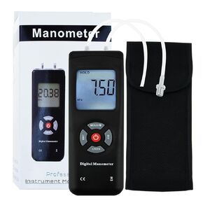 Manometer, Dual-Port Manometer Gas Pressure Tester Professional Digital HVAC Air Pressure Meter, Differential Pressure Gauge with LCD Display Backlight, Extension Hose,Data Record Funtion