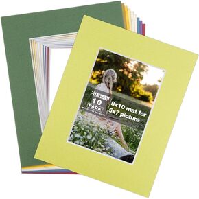 AUEAR, 10 Pack Mixed Color 8x10 Pre-Cut Acid Free Picture Mat for 5x7 Photos/Artworks/Prints with White Core Bevel Cut Framing Mats