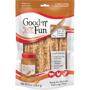 GOOD 'N' FUN Triple Flavor Stuffed Rolls with Peanut Butter Flavor, 8 Ounce, Treat Your Dog to Long-Lasting Rawhide Chews