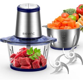 Food Processor, Electric Food Chopper with 2 Bowls (8 Cup+8 Cup), 2 Sets Blades, 500W Meat Grinder & Veggie Chopper, 2 Speed for Baby food &Family Use Blue