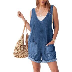 Glamaker Womens Casual Sleeveless V Neck Denim Romper Overall Shorts Summer Jean Romper Denim Outfit With Pocket