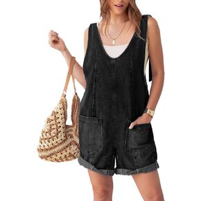 Glamaker Womens Casual Sleeveless V Neck Denim Romper Overall Shorts Summer Jean Romper Denim Outfit With Pocket