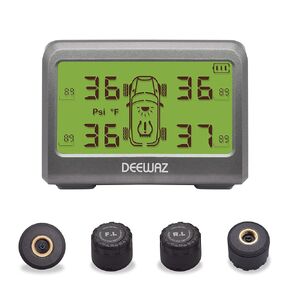 Tire Pressure Monitoring System, 0-116 Psi, with 6 Alarm Modes, Solar & Magnetic Charge, Auto Backlight & Sleep & Awake, DIY Front/Rear Tire Pressure, Green LCD for 4 Wheel Car