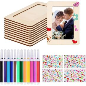 Picture Frame Painting Craft Kit for 4 * 6 Photo,10Pcs DIY Unfinished Wooden Picture Frames with 12Pcs Painting Color Pen 4 Sheets Crystal Diamond Stickers for DIY Craft