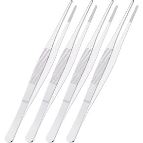 4 PCS 8 Inch Stainless Steel Tweezers, with Straight Round Blunt Serrated Tip, 3/64 Inch Thickness Stainless Steel, Multipurpose Daily Garden Home Lab Craft Repairing Tool