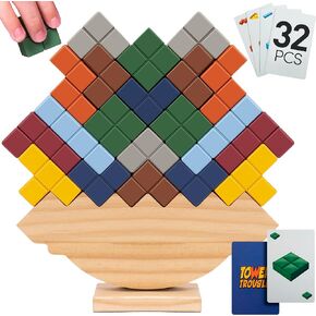 Wooden Tetra Tower Game - 32PCS Stack Attack Game with Building Blocks & Cards, Fun 1+ Players Balance Game for Family Games - Tetris Tower Game & Tetra Tower Stacking Game for Kids & Adults