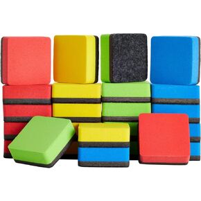 24 Pack Square Magnetic Mini Dry Erase Board Erasers for Teachers, Classroom Whiteboard, School Supplies, Bulk (4 Colors, 1.96 x .74 in)