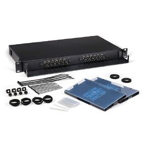 Fiber Optic Patch Panel, Rack Mount, 1 RU, Includes 2 ST Adapter Plates, Singlemode or Multimode Compatible, Includes Splice Trays, Up to 24 Fiber Capacity