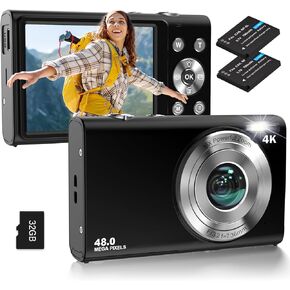 Digital Camera, Autofocus UHD 4K Vlogging Camera with 32GB Card, 48MP 16X Digital Zoom Digital Camera, Anti-Shake Portable YouTube Compact Point Shoot Camera for Teens Adult Beginner(Black)