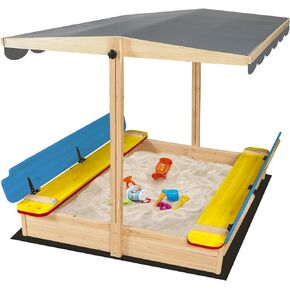 RUNSHED Kids Wooden Sandbox, Locking Lid, Canopy & Foldable Benches in Kuwait