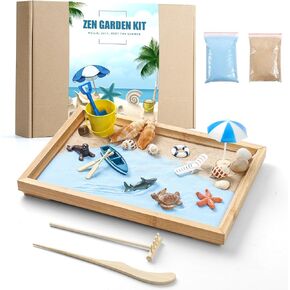 مجموعة Zen Garden للمكتب - مجموعة ديكور صندوق حديقة رملية صغيرة يابانية جميلة ممتازة للمنزل والمكتب مع صينية الخيزران والرمال والأدوات والقرش والسفينة - التأمل المكتبي، وإكسسوارات هدايا زن