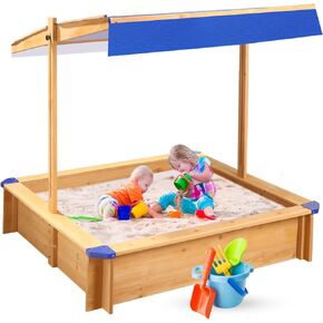 Kids Sandbox with Cover, Large Outdoor Sandbox with Canopy Height Adjustable, Sand Pit for Backyard Play, Wooden Sand Box for Kids Ages 4-8, for Children