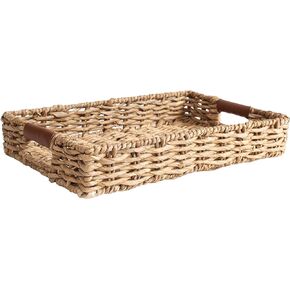 Handwoven, Multipurpose Rectangle Rattan Tray, 20" x 12" – Durable Wicker Tray with Leather Handles for Home Decor Display or Fruit and Vegetable Storage Tray