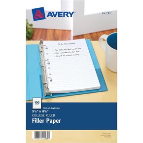 Avery® Mini Binder Filler Paper, Fits 3-Ring/7-Ring Binders, 5-1/2" x 8-1/2", College Ruled, Pack of 100 Sheets