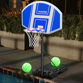 Poolside Basketball Hoop Outdoor Pool Basketball Hoop with Light Adjustable Height 41"-59" Swimming Pool Basketball Hoop with 35.4" x 23.6" Backboard, 2 Balls and Pump