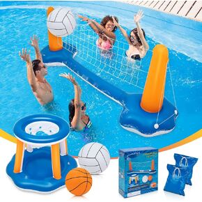 10.4' Pool Volleyball Set & Basketball Hoop - Larger Pool Volleyball Net for Inground Includes 2 Balls & 2 Weight Bags, Pool Toys Games for Adults and Family - Volleyball Court