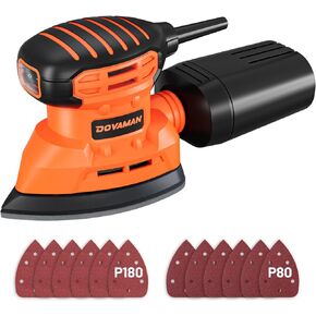 DLS03A Detail Sander, 130W Palm Sander Tool, up to 12000RPM, with 12PCS Sandpaper, with Efficient Dust Collection System, Hand Held Sanders for Wood and Steel Surfaces