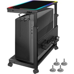 حامل برج الكمبيوتر بارتفاع قابل للتعديل، حامل وحدة المعالجة المركزية بطبقتين تحت المكتب حامل الكمبيوتر المحمول للأرضية مع عجلات دوارة وأقدام وحامل أكواب وحامل وحدة المعالجة المركزية للوحة ماوس RGB للمكتب المنزلي، أسود in Kuwait