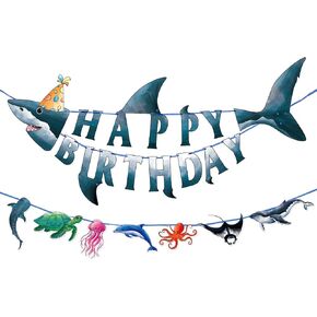 WERNNSAI Shark Happy Birthday Banner Set - Ocean Theme Party Supplies for Kids Boys Pre-strung Shark Birhday Banner and Ocean Animal Banner Beach Under The Sea Theme Party Decorations Hanging Wall Decor in Kuwait