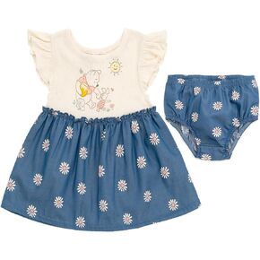 Disney Winnie The Pooh Floral Baby Girls Chambray Dress and Diaper Cover Outfit Set Newborn to Infant