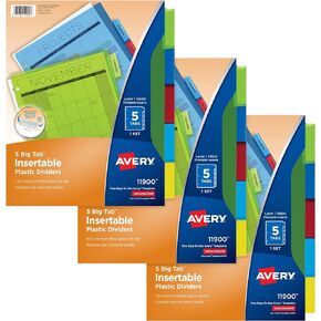 Avery Dividers for 3 Ring Binders, 5-Tab Binder Dividers, Plastic Binder Dividers, Insertable Big Tabs, Multicolor, 1 Set (11900)