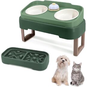 Elevated Cat Dog Food Water Bowl - Raised Cat Dog Bowls with Stand Non Skid - Double Cat Dog Feeding Bowl Set with Splash Proof Guard - Slow Feeder Bowls for Cats and Small Dogs (JK8222-Beige)