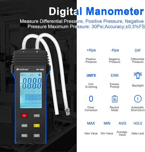 HOLDPEAK Digital Manometer, Professional Air Pressure Meter, ±206 kPa/30Psi Wide Range, Dual-Port HVAC Digital Manometer Gas Pressure Tester, Differential Pressure Gauge, Large LCD Display w/Backlight in Kuwait
