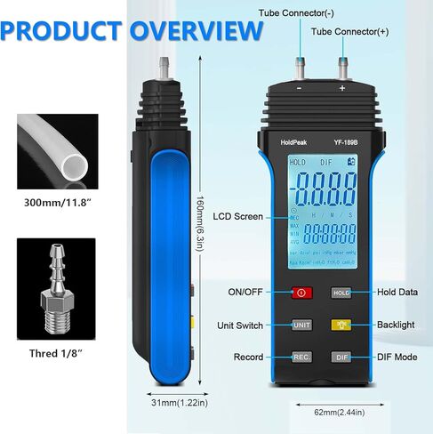 HOLDPEAK Digital Manometer, Professional Air Pressure Meter, ±206 kPa/30Psi Wide Range, Dual-Port HVAC Digital Manometer Gas Pressure Tester, Differential Pressure Gauge, Large LCD Display w/Backlight in Kuwait