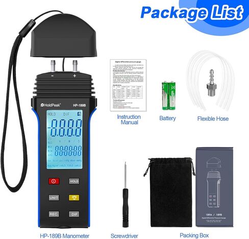 HOLDPEAK Digital Manometer, Professional Air Pressure Meter, ±206 kPa/30Psi Wide Range, Dual-Port HVAC Digital Manometer Gas Pressure Tester, Differential Pressure Gauge, Large LCD Display w/Backlight in Kuwait