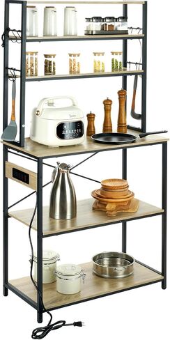 VEVOR Kitchen Baker's Rack with Power Outlets, 6-Tier Industrial Microwave Stand with Hutch & 6 S-Shaped Hooks, Multifunctional Coffee Station Organizer, Utility Kitchen Storage Shelf, Oak in Saudi Arabia