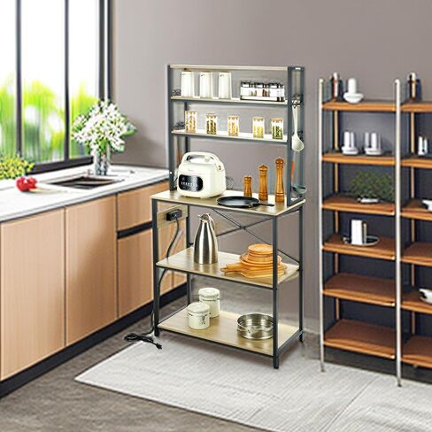 VEVOR Kitchen Baker's Rack with Power Outlets, 6-Tier Industrial Microwave Stand with Hutch & 6 S-Shaped Hooks, Multifunctional Coffee Station Organizer, Utility Kitchen Storage Shelf, Oak in Saudi Arabia