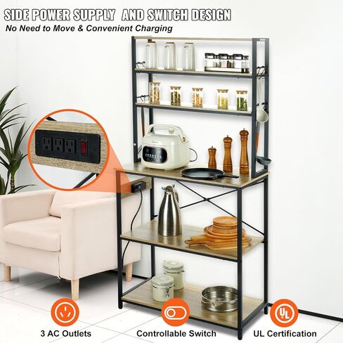 VEVOR Kitchen Baker's Rack with Power Outlets, 6-Tier Industrial Microwave Stand with Hutch & 6 S-Shaped Hooks, Multifunctional Coffee Station Organizer, Utility Kitchen Storage Shelf, Oak in Saudi Arabia