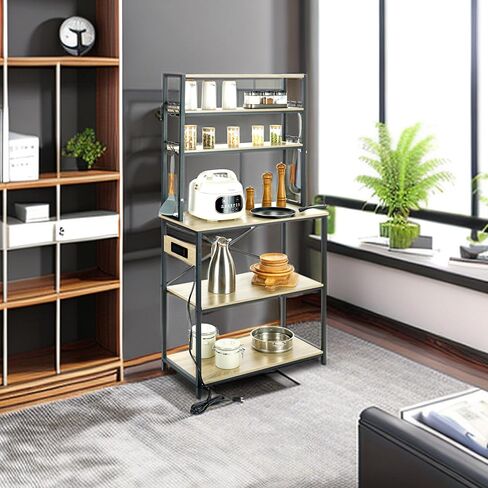 VEVOR Kitchen Baker's Rack with Power Outlets, 6-Tier Industrial Microwave Stand with Hutch & 6 S-Shaped Hooks, Multifunctional Coffee Station Organizer, Utility Kitchen Storage Shelf, Oak in Saudi Arabia