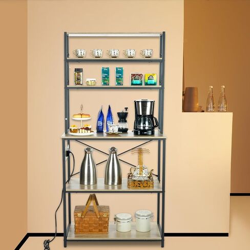 VEVOR Kitchen Baker's Rack with Power Outlets, 6-Tier Industrial Microwave Stand with Hutch & 6 S-Shaped Hooks, Multifunctional Coffee Station Organizer, Utility Kitchen Storage Shelf, Oak in Saudi Arabia
