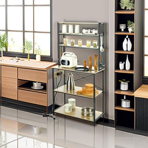 VEVOR Kitchen Baker's Rack with Power Outlets, 6-Tier Industrial Microwave Stand with Hutch & 6 S-Shaped Hooks, Multifunctional Coffee Station Organizer, Utility Kitchen Storage Shelf, Oak in Saudi Arabia