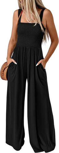 KIRUNDO Womens Jumpsuit 2024 Summer Casual Loose One Piece Overalls Smocked Sleeveless Wide Leg Rompers With Pockets in Saudi Arabia