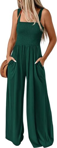 KIRUNDO Womens Jumpsuit 2024 Summer Casual Loose One Piece Overalls Smocked Sleeveless Wide Leg Rompers With Pockets in Saudi Arabia