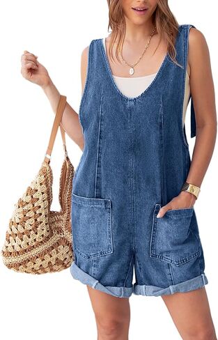 Glamaker Womens Casual Sleeveless V Neck Denim Romper Overall Shorts Summer Jean Romper Denim Outfit With Pocket in Kuwait