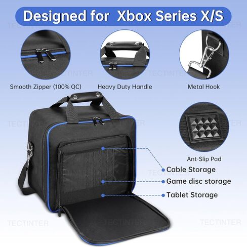 حقيبة حمل وحدة التحكم في الألعاب TECTINTER متوافقة مع Xbox Series X/S، حقيبة حمل محمولة حقيبة سفر مع غرف تخزين كافية لوحدات التحكم والأقراص والكابلات والمزيد من ملحقات الألعاب هدية مثالية للاعبين in Kuwait