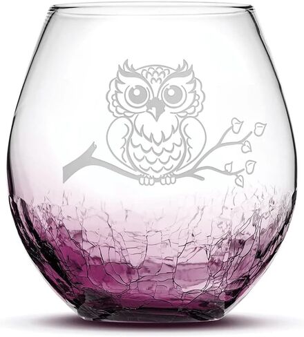 زجاجات النزاهة، تصميم البومة المريحة، زجاج نبيذ بدون جذع، مصنوع يدويًا، منفوخ يدويًا، هدايا محفورة يدويًا، منحوت بالرمل، 18oz (أرجواني فرقعة) in Kuwait