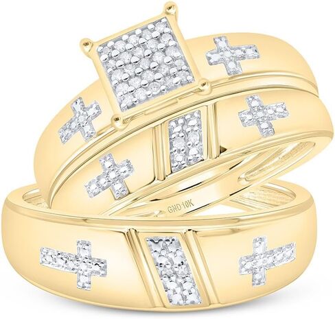 His and Hers Bridal Womens and Mens Engagment and Wedding Band Complete Trio Matching Wedding Rings Set 10K Yellow Gold Diamond Cross 1/12 Cttw in Saudi Arabia